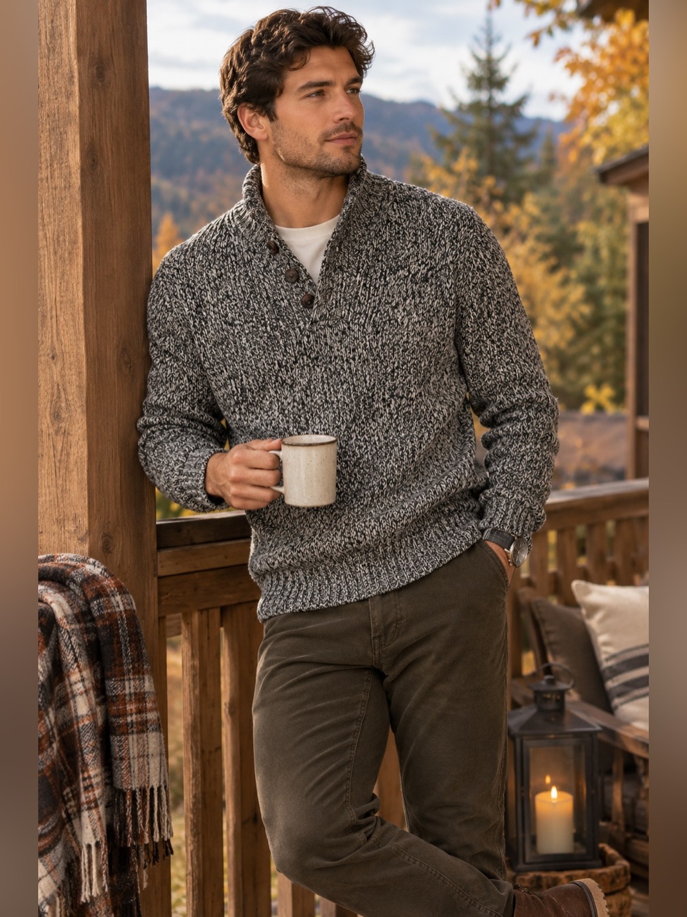Lambs Wool Blend Eddie Bauer Marled Knit Henley Sweater Black White Mens Size S